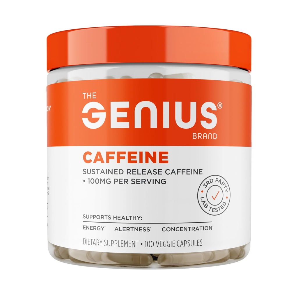 Genius Caffeine - Sustain-Release Microincapsulated Pillole di Caffeina per Smooth, Long-Lasting Energy & Focus - Nessun Jitters o Crash - 100mg per Capsule - 100 Servings - Natural Performance Booster