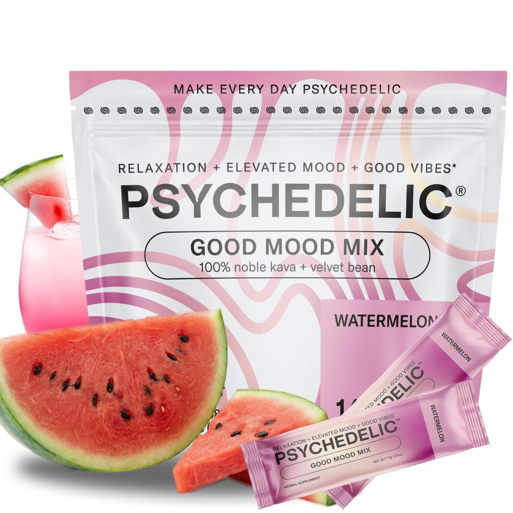 Buon Mood Mix - Watermelon - Polvere Packets - Calma Kava Drink Mix - Easy Open Single-Serving - Polvere Kava aromatizzata - Mucuna Pruriens - Stevia - Non Alcoholic Adaptogen Mocktails - 14 Stick