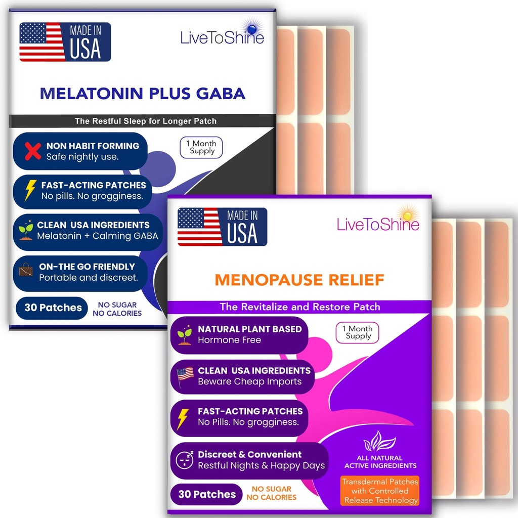 Menopause Relief and Melatonin Sleep Patch Bundle - 2 pacchetti - Flash caldi, Night Sweats, Mood Swings Relief Plus Restful Sleep Patches - 30 giorni di alimentazione per pacchetto (60 patch) - USA Prodotto da Live To Shine