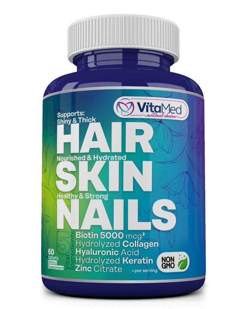VitaMed Hair, Skin & Nails – Biotin 5000 mcg, Collagen, OptiMSM, Keratin, Acido Ialuronico & Silica | Supporta la crescita dei capelli, Pelle Radiante, Chiodi forti | Halal, Non OGM, Gluten-Free – 60 Tavole di Bellezza