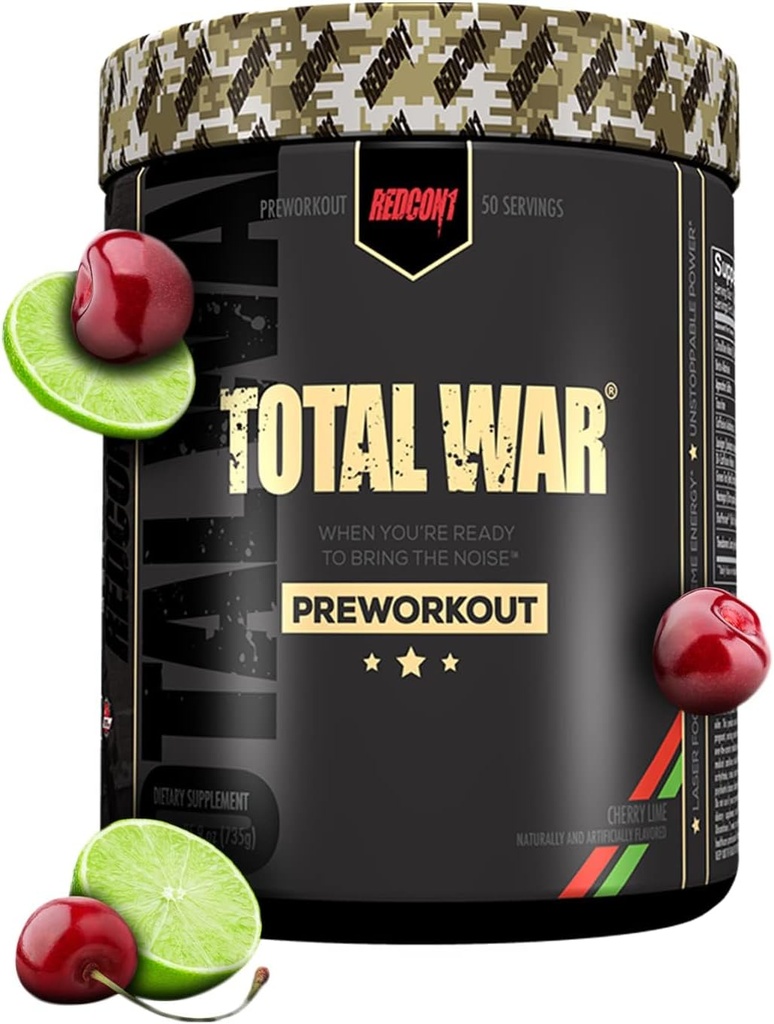 REDCON1 Total War Pre Workout, Cherry Lime - Beta Alanine + Citrulline Malate Vegan & Keto Friendly Preallenamento per uomini e donne con 320mg di caffeina (50 Serve)