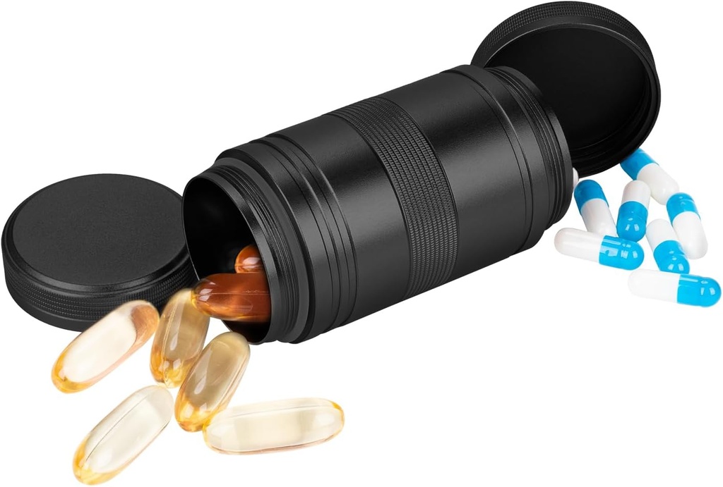 Scatola di metallo Pill 2 volte al giorno - Portatile impermeabile piccolo caso di pillole (AM PM), Travel Daily Pill Container, Compact Pill Holder Medicine Organizer per Pills/Vitamin/Fish Oil/Supplements, Nero