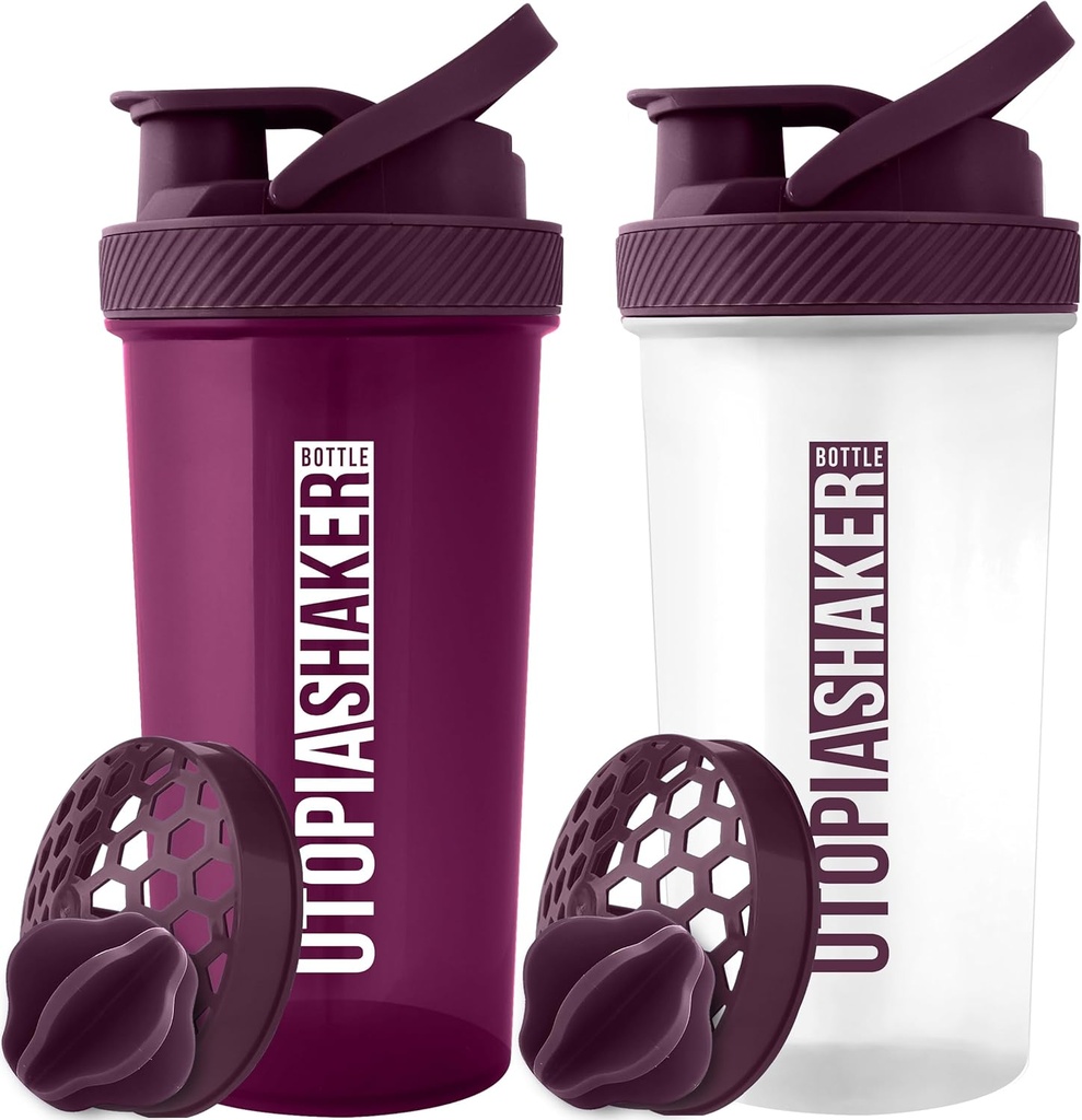 Utopia Home Protein Shaker Bottiglia - (Pacchetto di 2) 28 once Shaker bottiglie per miscele proteiche - Fitness Sports Classic Protein Mixer Shaker Bottiglia (Plum & Clear/Plum)