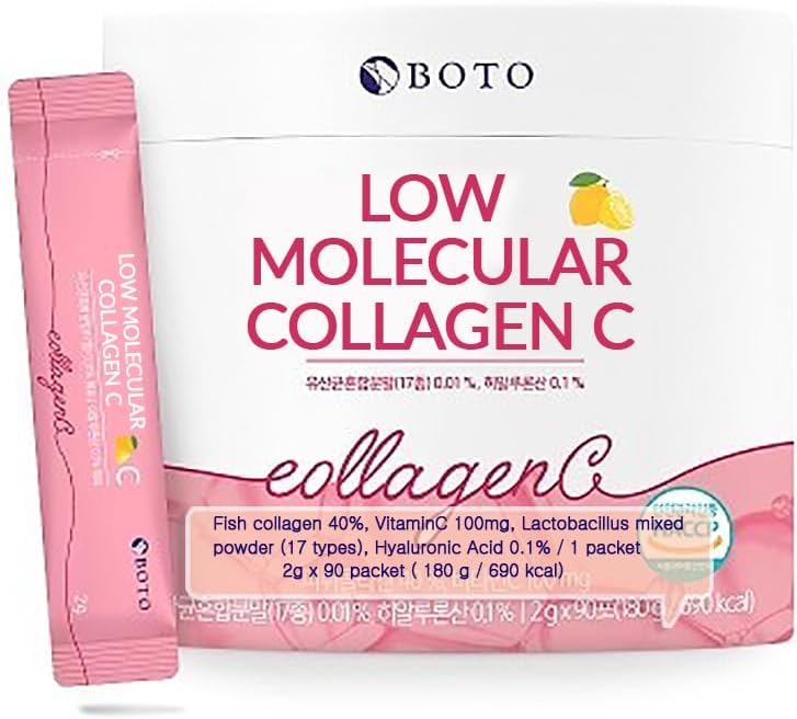 BOTO basso collagene C - Peptidi coreani di bellezza del collagene Supplemento di polvere con acido ialuronico e vitamina per l'unghia dei capelli della pelle, aromatizzato al limone - per 3 mesi - 90 di confezioni