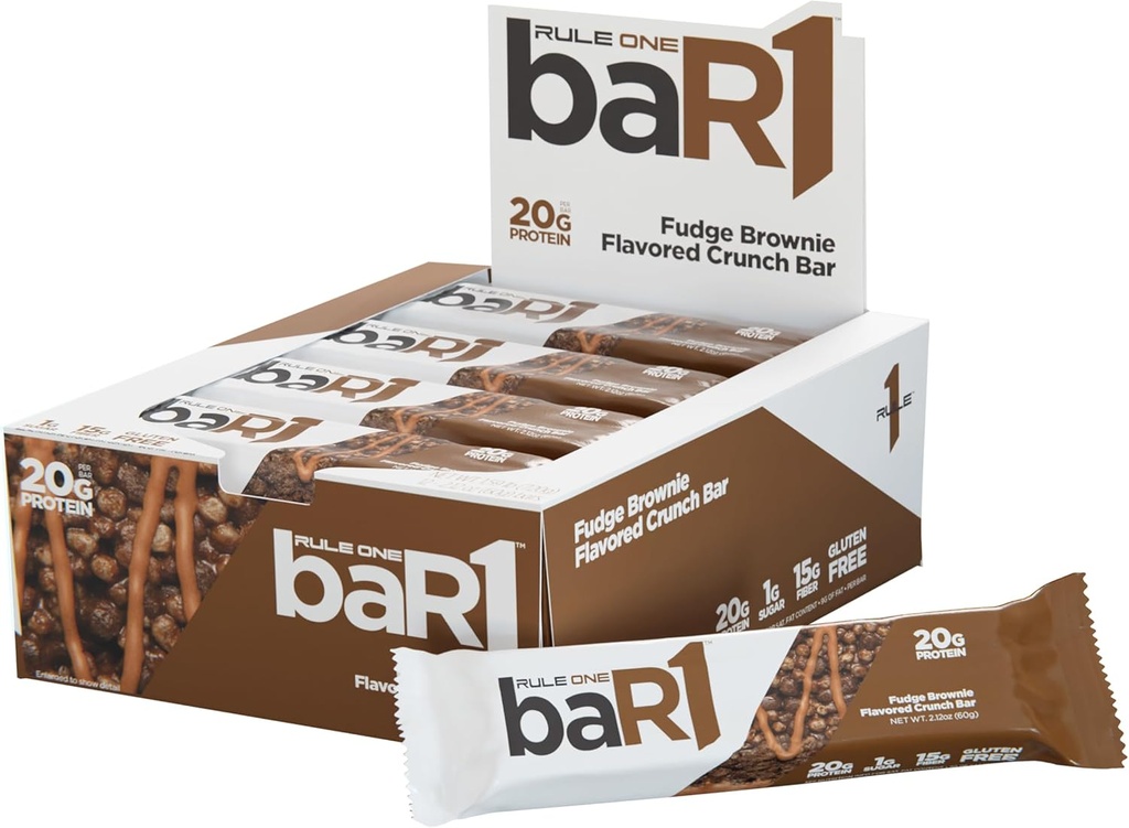 Regola 1 baR1 Crunch Bar - On-The-Go Convenient Protein Snack Bars con 20g Proteine Premium, Naturally-Packed con EAA/BCAA, Fibra di Fibra di Fibra di Fame (12 Contenitore, Fudge Brownie)