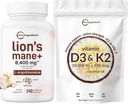 Micro Ingredienti Vitamina D3 10.000iu + K2 200mcg Olio di cocco Softgels & Lions Mane Supplemento 240 capsule vegetali Bundle 2 Pack | Vitamine di sole essenziali | Antiossidanti di funghi superfood con L-