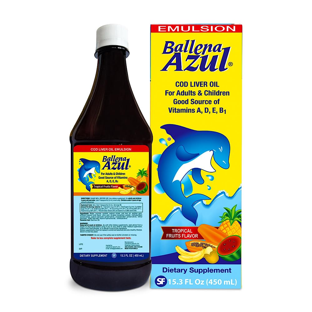 Ballena Azul Aceite de Hígado de Bacalao para Adultos y Niños, olio di fegato di COD per adulti e bambini, buona fonte di vitamine, supplemento dietetico, Omega 3 (frutte tropicali 15 OZ)