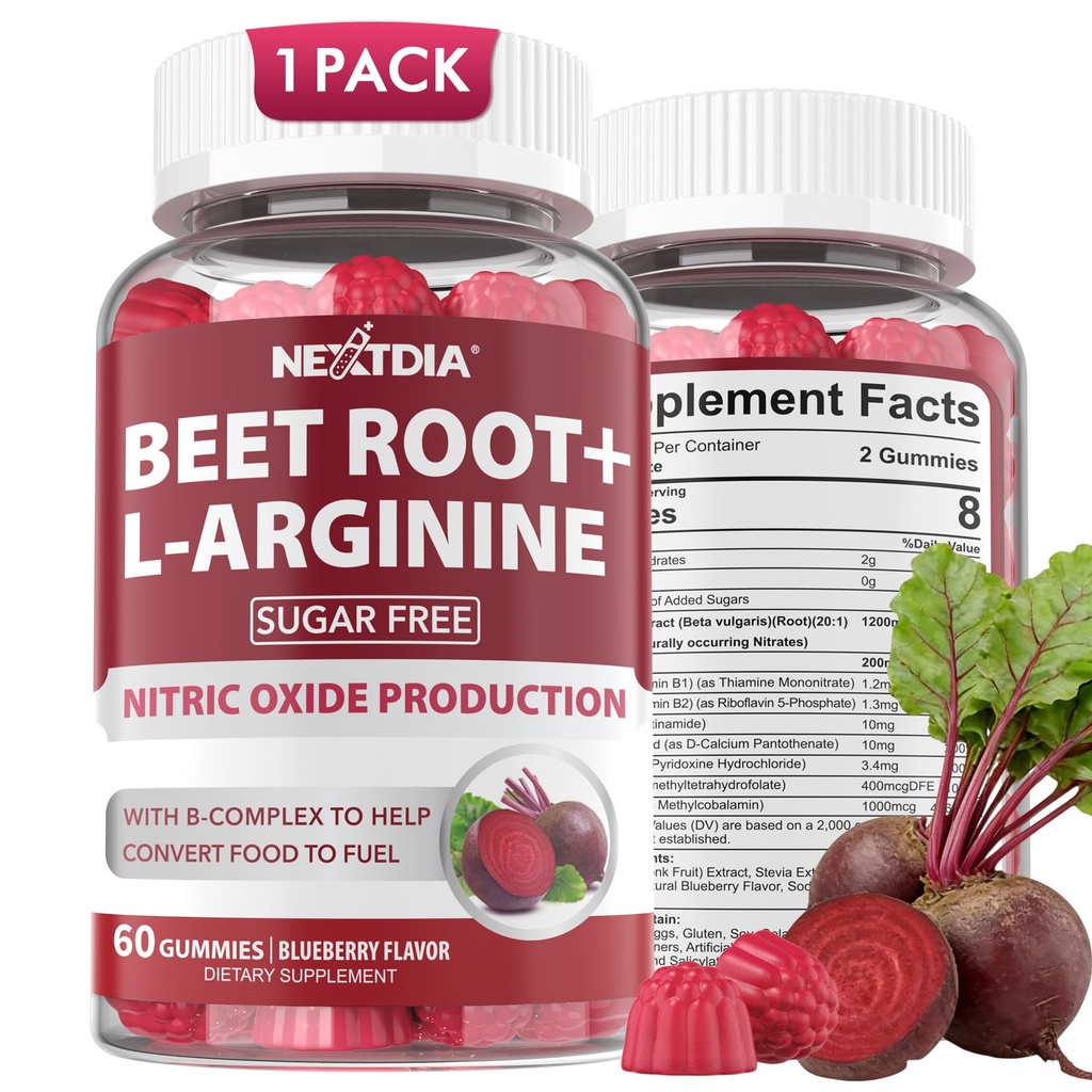 Barbabietola Root Gummies & L-Arginina, Nitric Oxide Integratori per Uomo e Donne w/Birra Organica, B1, B2, B3, B5, B6, Folate, B12 per il supporto per il potenziamento dell'energia e della circolazione, Sugar Free, 60 Ct