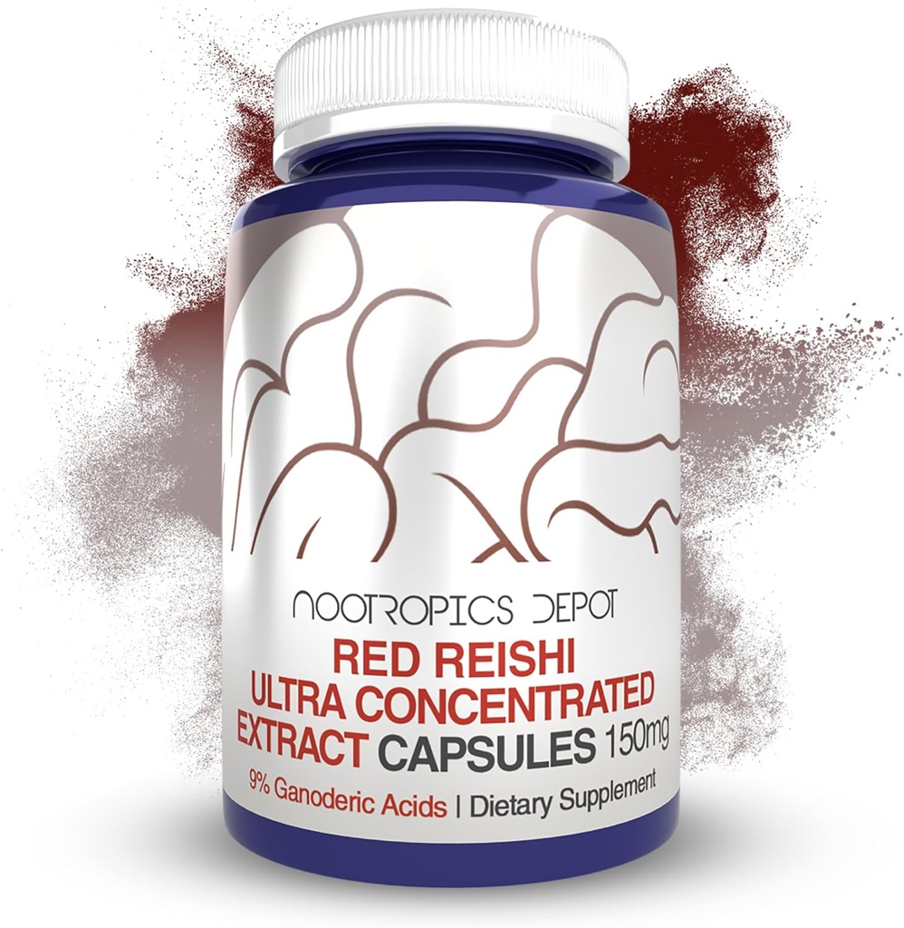Nootropics Depot Red Reishi capsule di funghi | 9% acidi ganoderici | 150mg | 180 Count