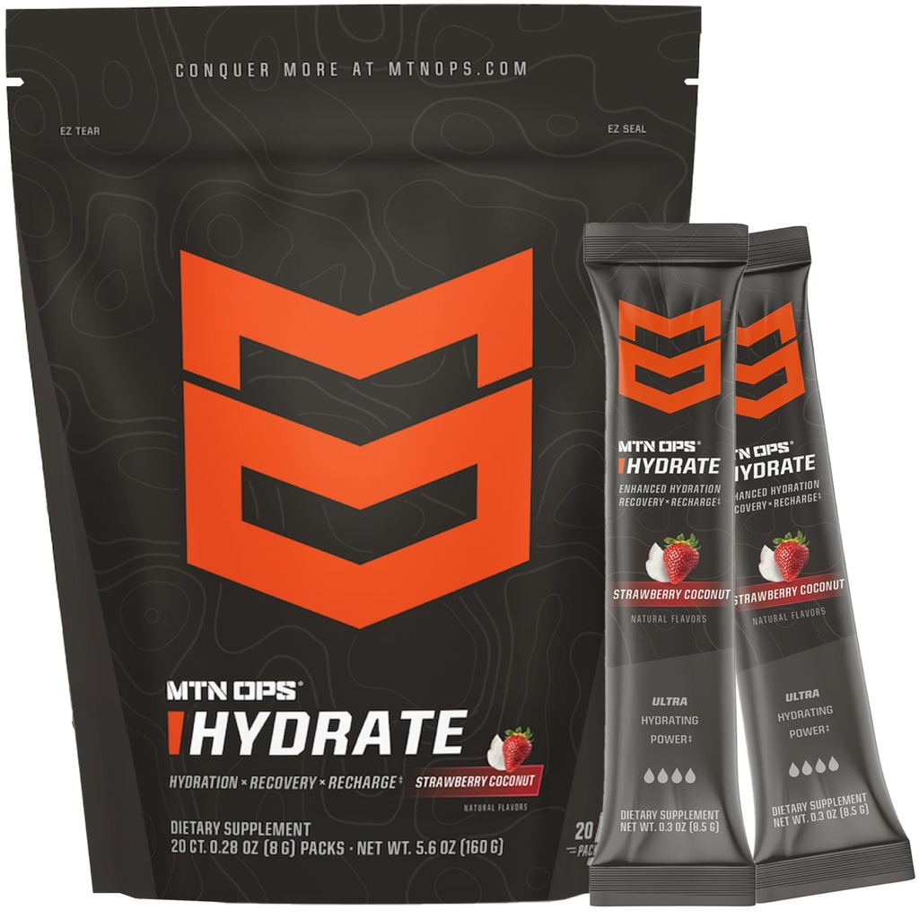 MTN OPS Hydrate Electrolytes Polvere Bere Mix, 20 singolo Servire on-The-Go Electrolyte Packs con oltre 1000mg di elettroliti per la sega, cocco di fragola