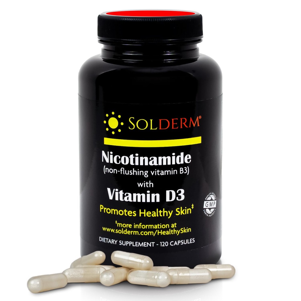 Nicotinamide Non-Flushing Vitamina B3 e D3 Supplemento | Vegetariano e Gluten-Free Nicotinamide Orale Integratore con Involucri di cellulosa vegetale | Promuove la pelle sana | 60 capsule | 500mg