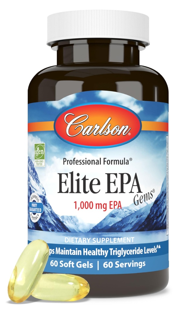 Carlson - Elite EPA Gems, 1000 mg EPA Fish Oil, Wild-Caught, Norvegese Fish Oil Supplement, Sostenibilmente Fonte, Aiuta a mantenere livelli di trigliceridi sani, 60 Softgels