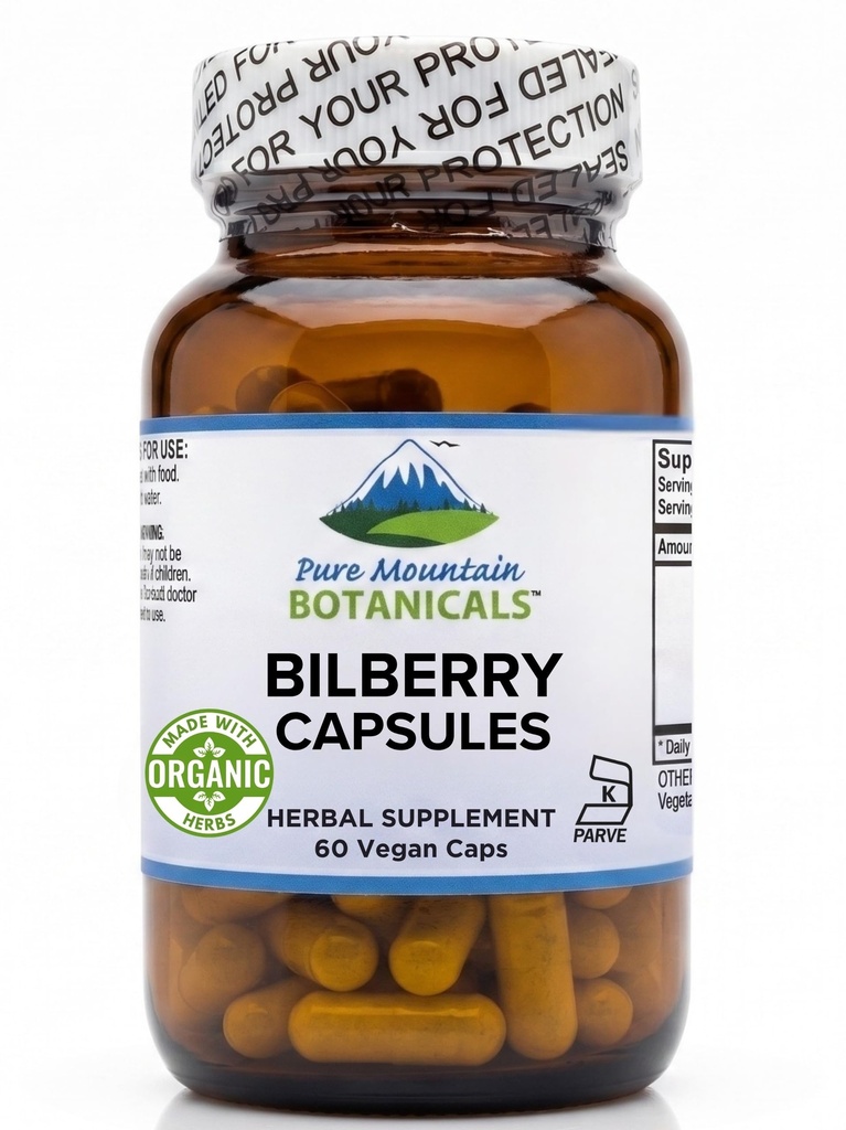 Pure Mountain Botanicals Bilberry Extract Supplemento Vegan Kosher Capsule con 250mg Organic Bilberry Leaf & 50mg Potent Extract of Billberries