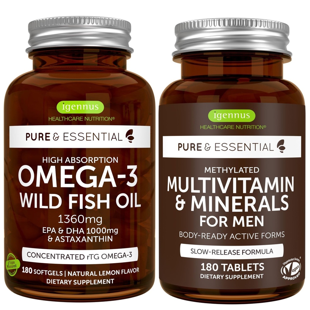 Olio di pesce selvatico Omega-3 ad alto assorbimento + Methylated Multivitamin Bundle, 1000mg EPA & DHA 180 Softgels + rilascio prolungato Multivitamin 180 compresse, di Igennus