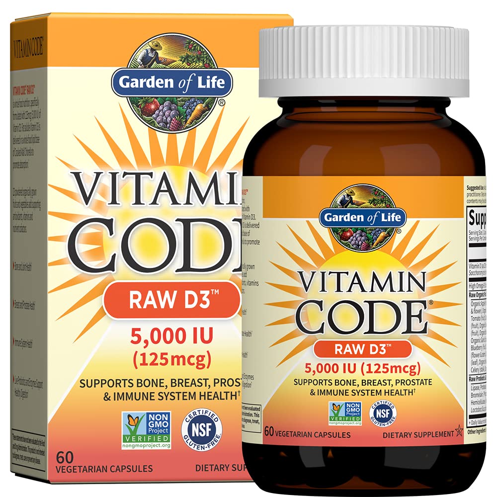 Giardino della vita Vitamina D3 5000 IU, Integratori di alimenti integrali crudi con clorella, frutta, verdura e probiotici per la salute biologica e immunitaria, 60 capsule vegetariane