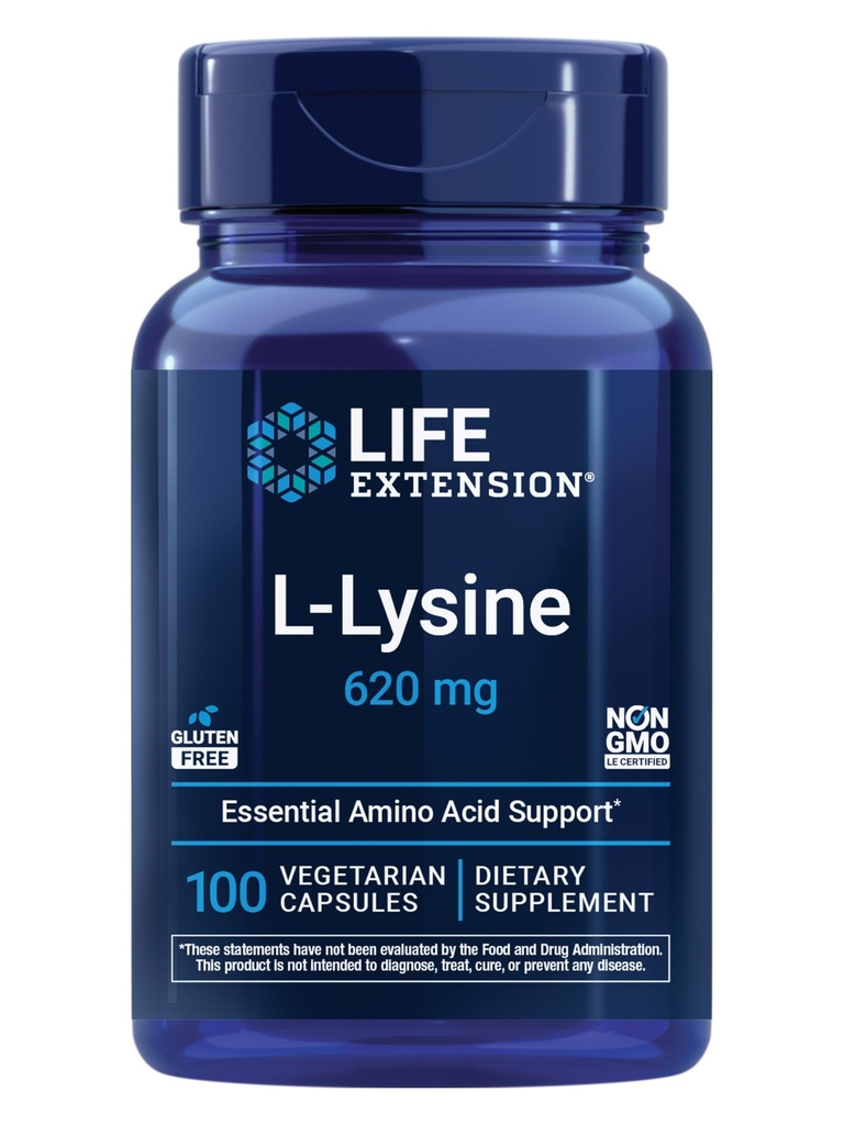 Estensione della vita L-Lysine, 620 mg, Aminoacido essenziale per l'equilibrio di azoto sano, Metabolismo di calcio, risposta di stress & di più, senza glutine, non OGM, vegetariano, 100 capsule