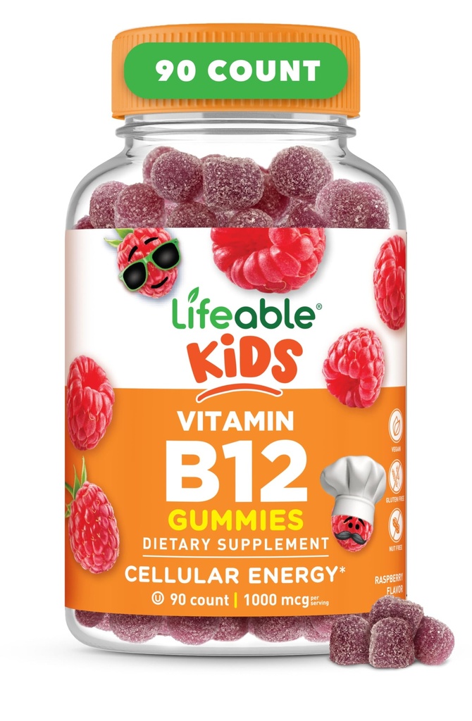Vitamina B12 vitale per i bambini | 1000 mcg | Gran Tasting Vitamina B12 Gummies | Gluten Free, Vegan B12 Vitamine | B12 Vitamine per l'energia, l'umore e il supporto del sistema nervoso | 90 Gummies