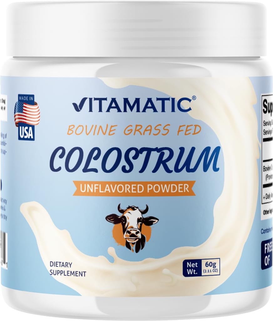 Vitamatic Bovine Colostrum 30% IgG Polvere - Supplemento per la salute del fegato, la crescita dei capelli, la bellezza, il recupero del muscolo, e il supporto immunitario - Facile da mescolare - 60 Gram (30 Serve, non aromatizzato)