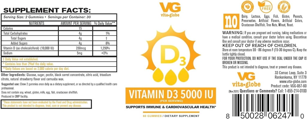 VITA GLOBE Vitamina D3 10.000IU con Zinco e Gomma Echinacea - Supporta sistema immunitario sano, ossa forti, denti e muscoli, 120 Conte (2-Pack)