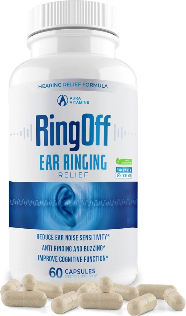 Ring Off (60 Caps) – Sollievo del tinnito per le orecchie da anelli, Clear Tinnitus Quieting Ear Ringing Relief & Restoring Inner Peace, Ginkgo Biloba, Zinc Picolinate & More – Efficace assistenza sanitaria per l'udito (1)