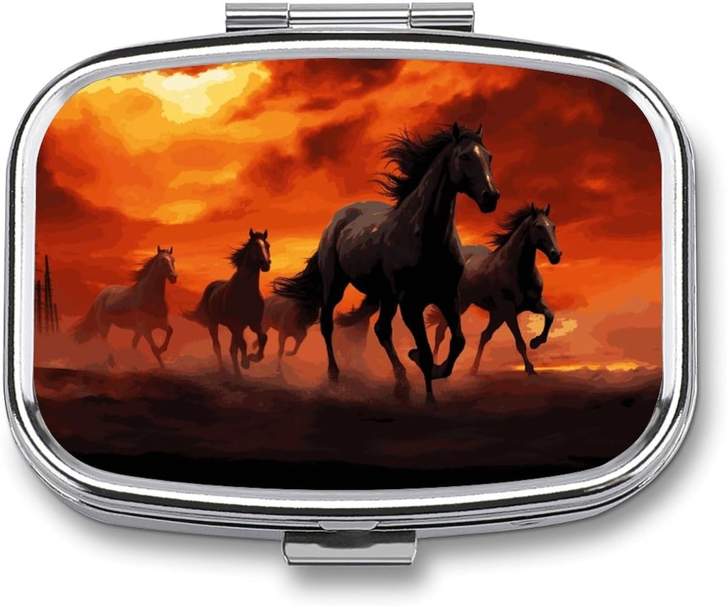 Horses Red Glowing Clouds Square Pill Box, 2 scomparti scatola di pedana decorativa per tasca o borsa portatile Mini medicina da viaggio Tablet Vitamin Holder Organizer Pill Case