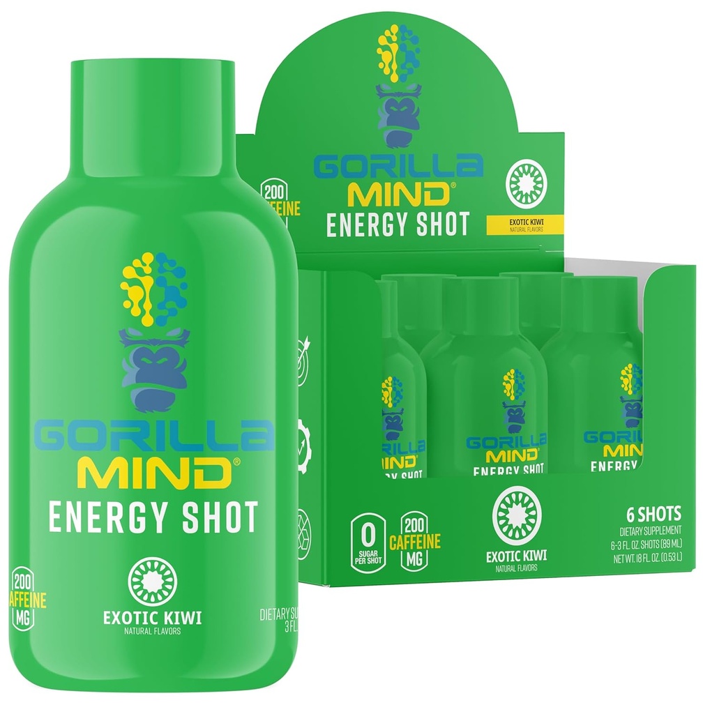Gorilla Mind Energy Shots (Pack of 6) - Maggiore concentrazione & energia, senza zucchero, veloce azione, potente formula con vitamine e estratti naturali (Exotic Kiwi)