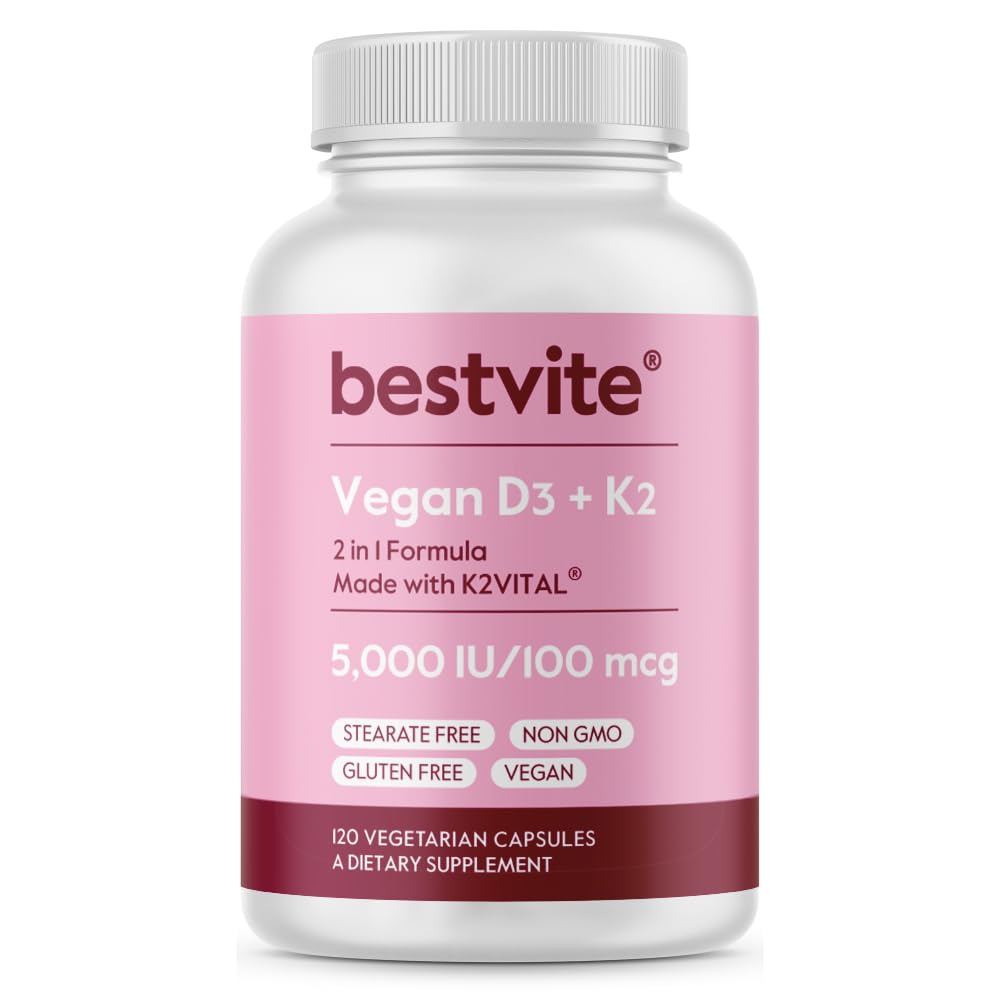 BESTVITE Vegan Vitamina D3 5000 IU + Vitamina K2 100 mcg come MK-7 (120 capsule vegetariane) - No Stearates - Vegan - Non OGM - Gluten Free