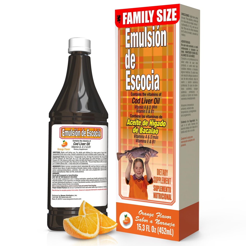 EMULSION DE ESCOCIA Cod olio di fegato, integratore alimentare, vitamine A, B1, D ed E, Supporto di sistema immunitario, Aroma arancio (15.3 Fl Oz/Pack di 1)