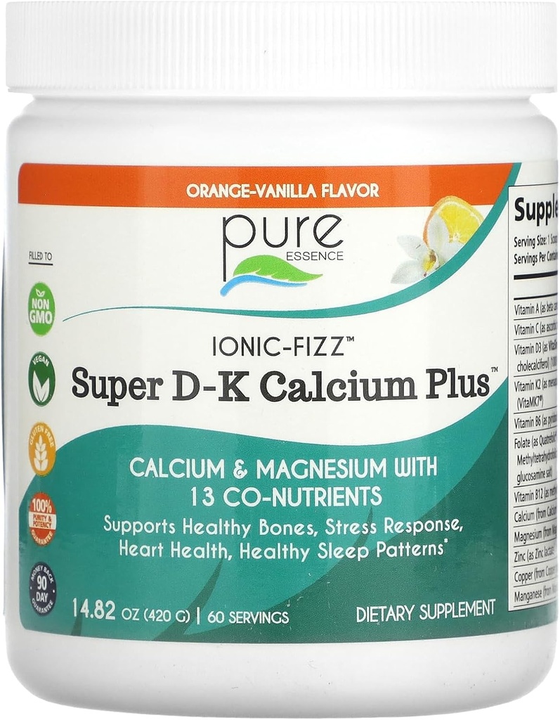 Ionic Fizz Super D-K Calcium Plus by Pure Essence - con Magnesio Extra, Vitamina D3, Vitamina K2 - Arancione Vanilla - 14.82oz