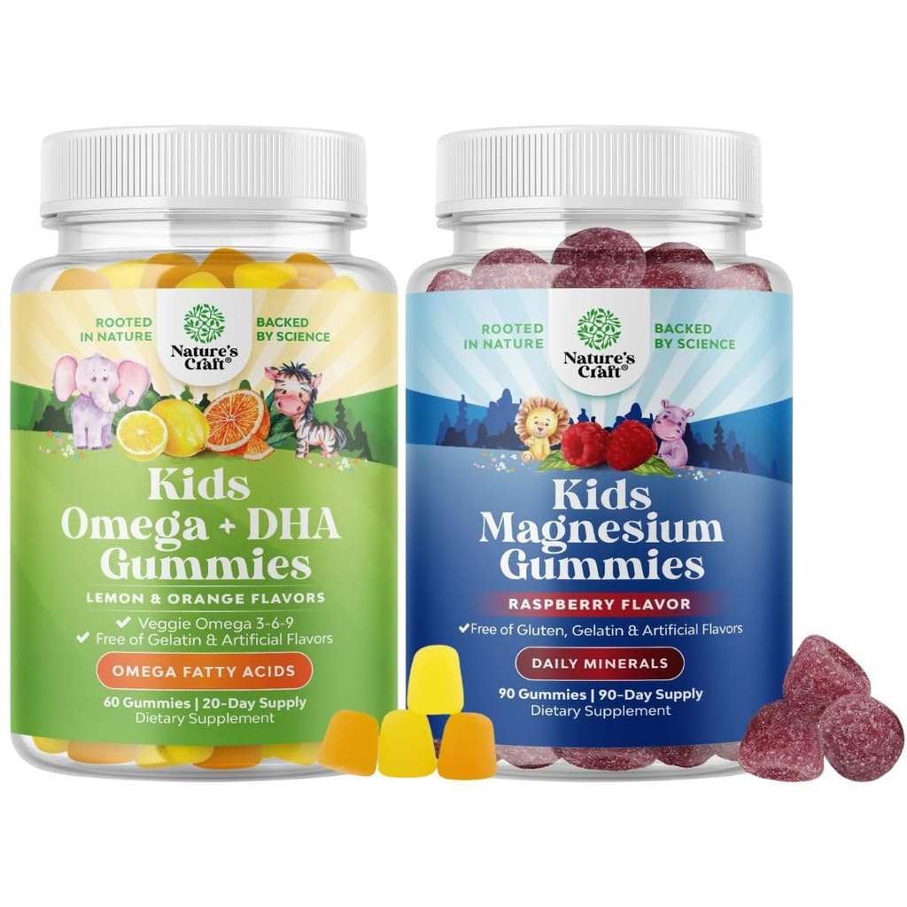 Bundle di Omega DHA Gummies per bambini - acidi grassi Omega 3 6 9 con vitamina C per cervello, immunità e visione e bambini Magnesio Gummies - Citrato di Mag per i muscoli della salute e il supporto cardiaco sano