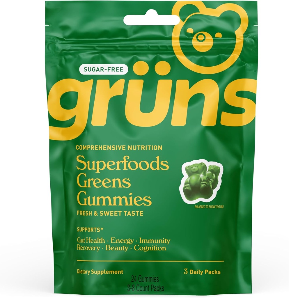Gruns Sugar Free Super Greens Gummy Bears - Spirulina Organica e clorella, Prebiotici per la salute digestiva, 20+ Vitamine e Minerali, Adaptogens - 3 sachets - 24 Gummies
