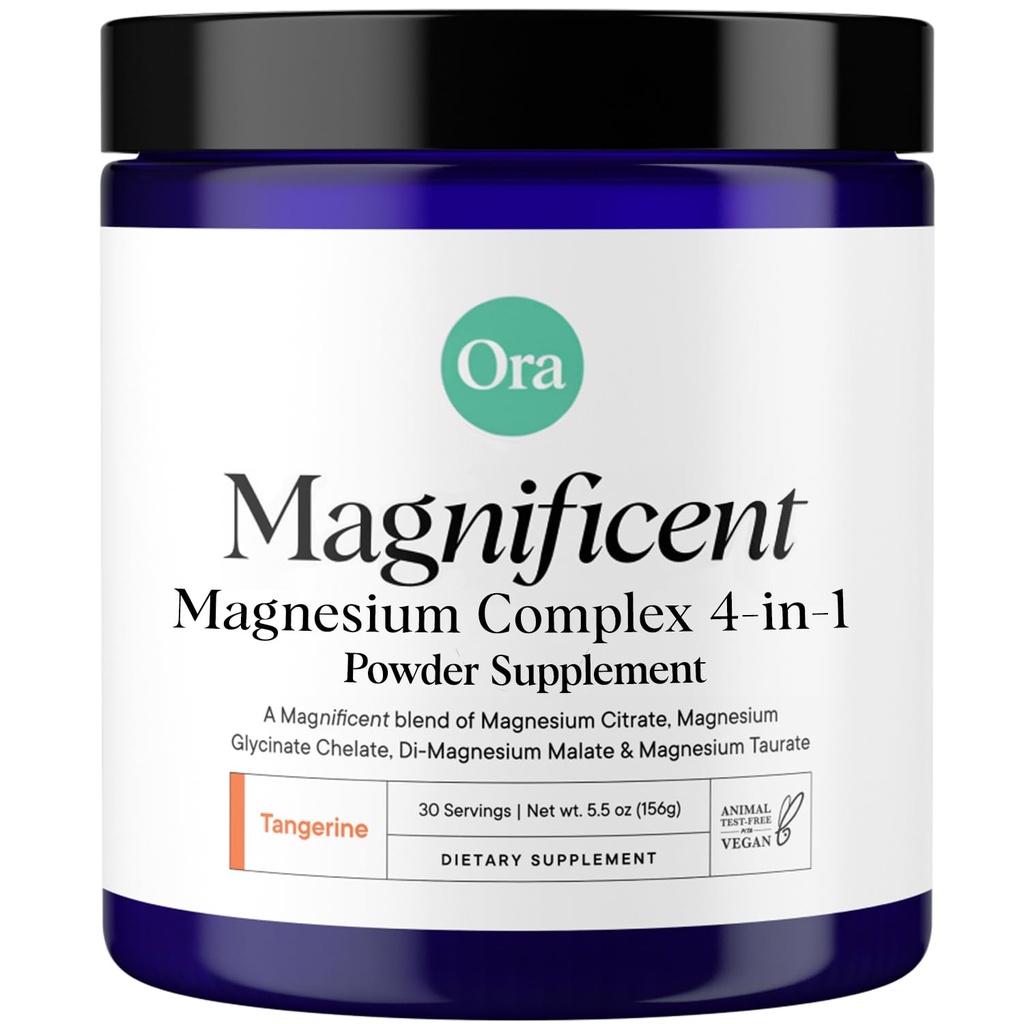 Ora Organic Magnesium Complex Powder Supplement - 4-in-1 Magnesio: Glycinate, Taurate, Malate & Citrate | Vegan, Gluten-Free | Tangerine Flavor | Calm Support for Sleep, Stress & Muscles | 30 Serving