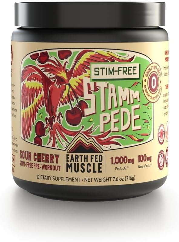 Earth Fed Muscle Stammpede Sour Cherry Pre Workout Polvere per gli uomini e le donne, Pre Workout Senza caffeina, Vegan & Gluten Free, Boosts Focus & Endurance, Lion’s Mane, Taurine, Peak O2, 30 Servings