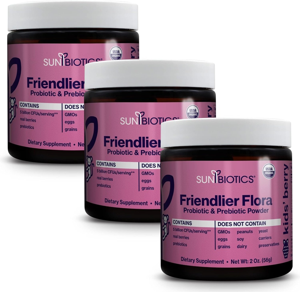 SUNBIOTICS Friendlier Flora - Bambini Prebiotico e Polvere Probiotica Supplemento con 5 miliardi di CFU di 5 Strains Probiotici per Buona Gut Flora, Sistema Immune, & Balanced Microbiome - Berry, (Pack of 3)