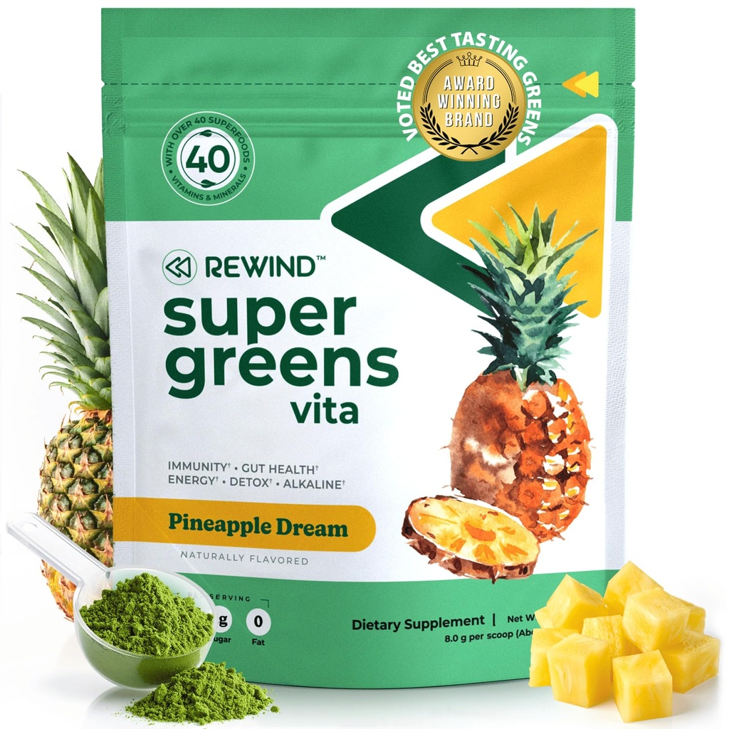 Polvere Super Greens Degustazione con 40+ Superfoods – Polvere verde Deliziosa giornaliera con vitamina B12, zinco, vitamina C, magnesio e calcio – Miscela Superfood di succo verde - Sapore di ananas