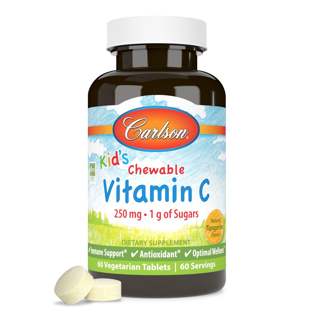 Carlson - Vitamina C masticabile per bambini, 250 mg, 1 g di zuccheri, supporto immunitario e benessere ottimale, antiossidante, tangerina, 60 compresse vegetariane