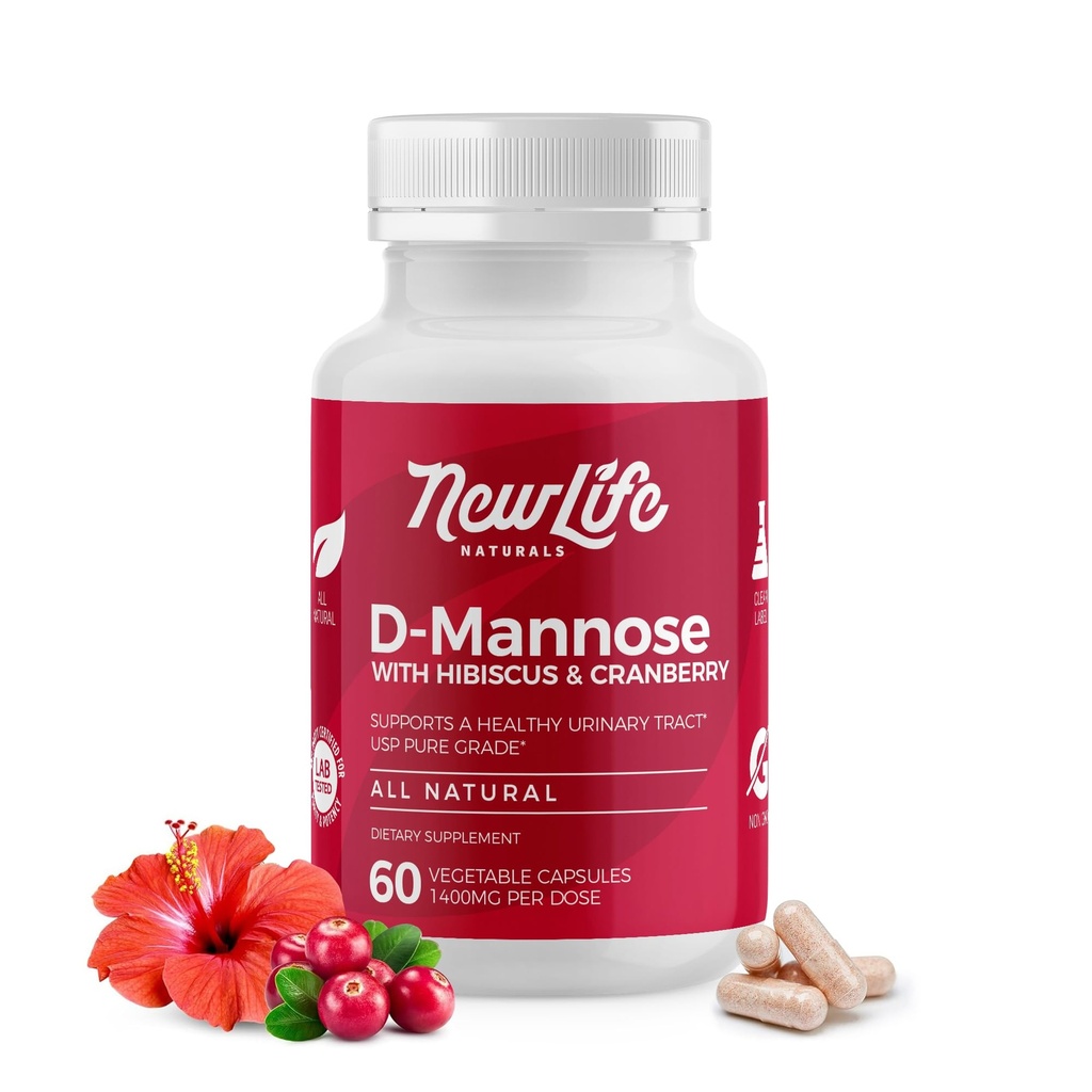 NewLife Naturals D-Mannose Capsules | w/Cranberry and Hibiscus Extract | Natural Urinary Tract Health Supplement | 1400mg Pure Veggie Powder | 60 Veggie Capsule