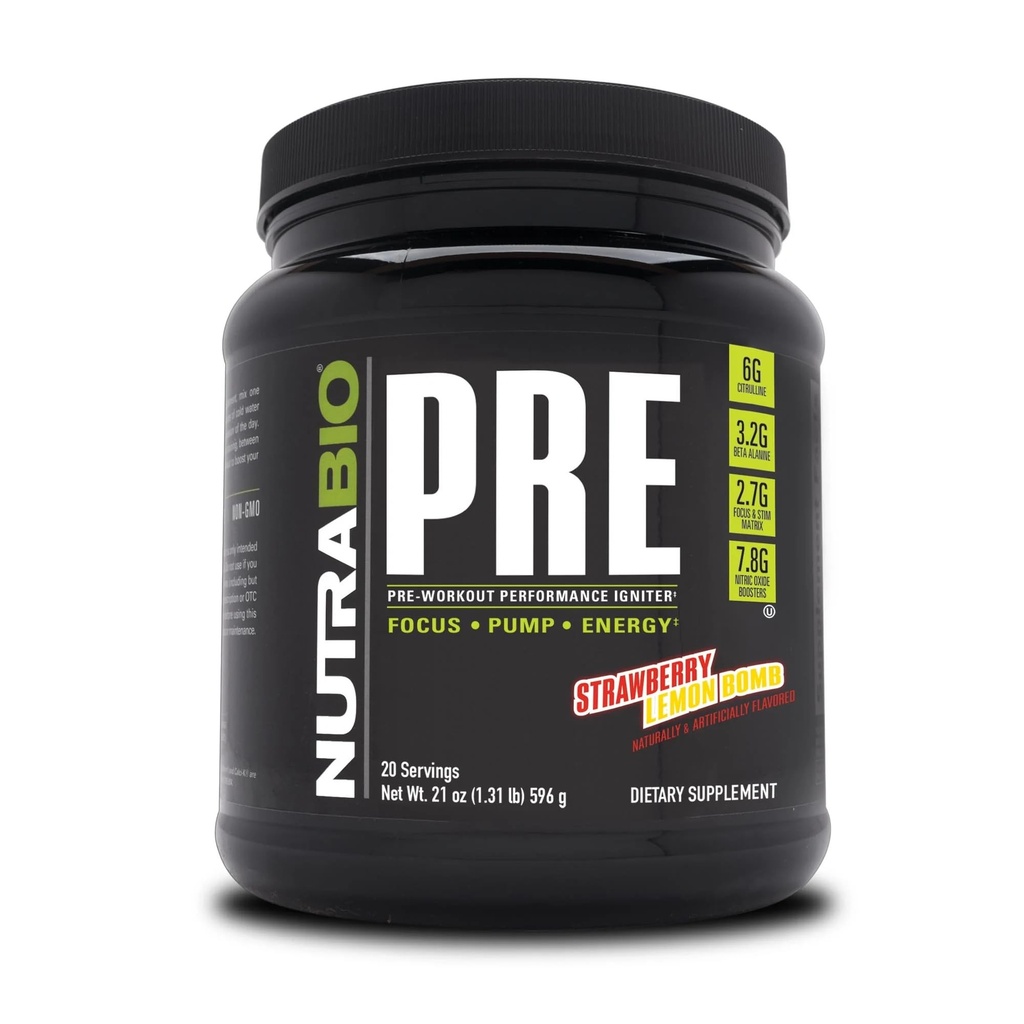 NutraBio PRE polvere di allenamento - Old Formula-Sustain Energy, Mental Focus, Endurance - Beta Alanine, Creatina, Caffeina, Elettroliti - 20 Serve - Bomba di limone di fragola
