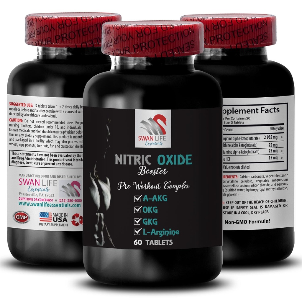A-AKG, Ossido nitrico - Booster ossido nitrico - Supplemento di esercizio, Boost di potenza, potenziamento di resistenza, miscuglio di resistenza, aumento di stamina, Booster di prestazione, Formula di recupero, Focus muscolare 1 Bottiglia 60 Tab