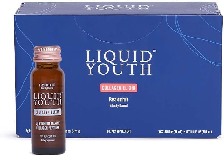 Liquid Collagen Elixir Shot for Women & Men - Premium Liquido Collage Marine per la crescita dei capelli, Pelle, Unghie, Bone & Joint Health - Travel-Friendly (Passion Fruit, 10 Serve per Box)