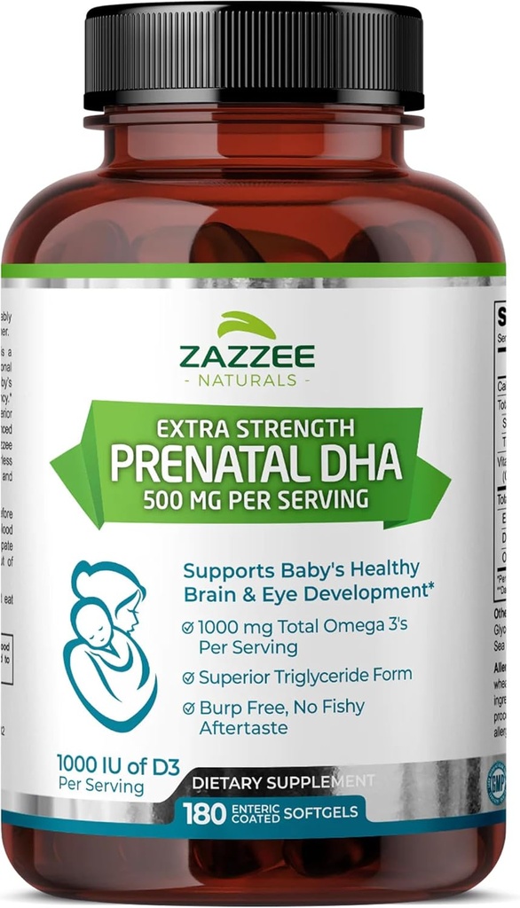 Zazzee Extra Forza Prenatale DHA 500 mg, 180 Softgels rivestiti enterici, 1000 mg Omega 3’s, 1000 UI Vitamin D3, Burp Free, No Fishy Aftertaste, Superior Trigliceride Form, Purified Deep Sea Fish Oil