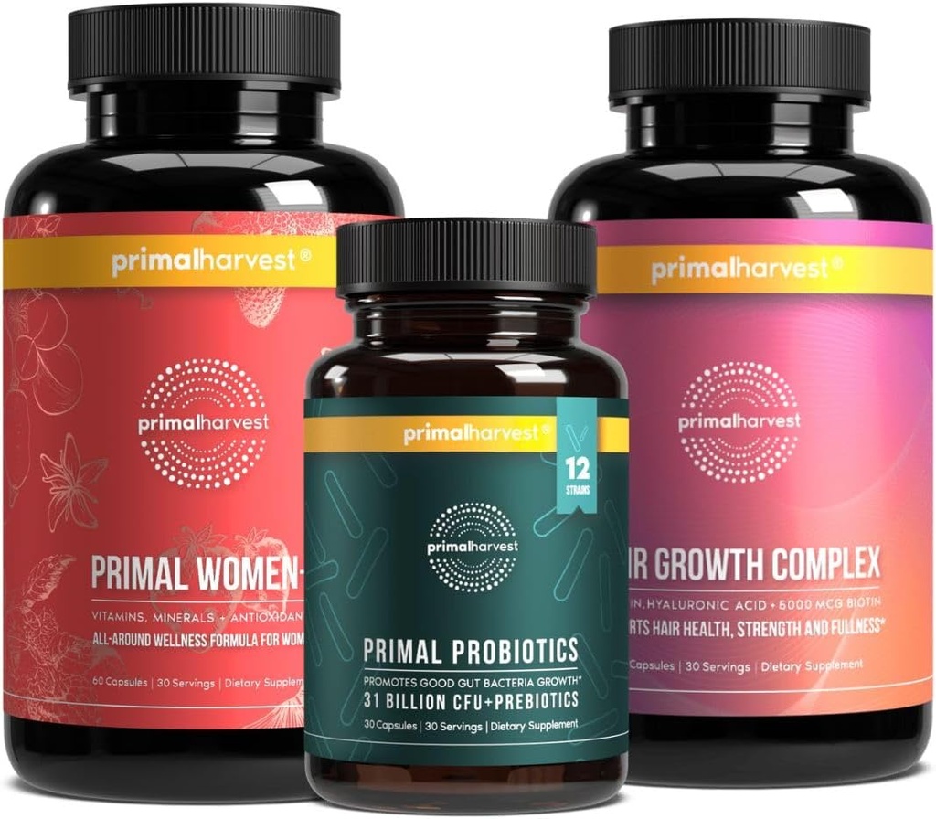 Primal Harvest Women’s Bundle – 30 giorni di alimentazione: Women’s+ Multivitamina, Sostegno ai capelli primali e Probiotico primario per la salute e la vitalità delle donne