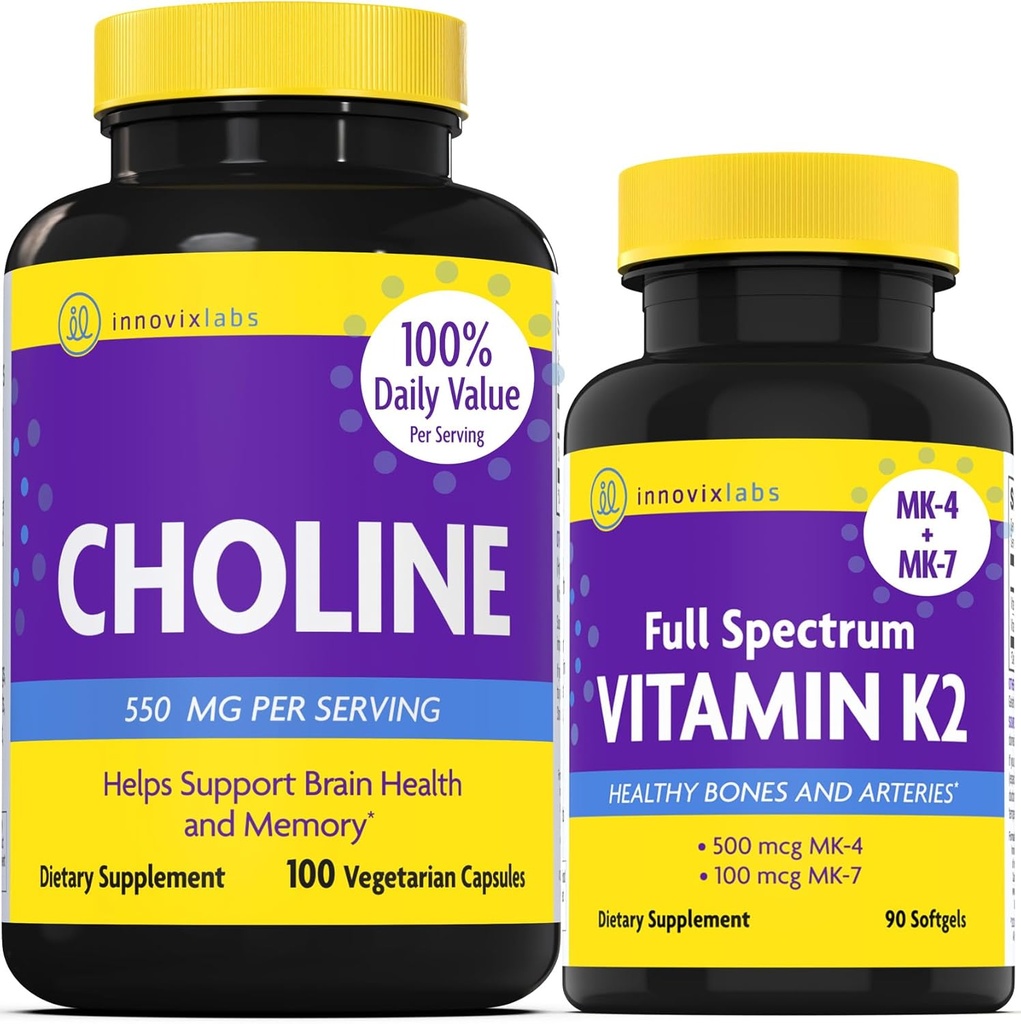 InnovixLabs Choline & Vitamin K2 Bundle Choline Bitartrate 550mg (100 capsule) Full Spectrum Vitamin K2 (90 Softgels). Supporta la memoria, l'umore, la salute del cervello & Boost cognitivo.*