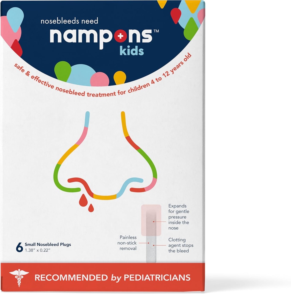 Nampons Kids Nosebleed Stoppers - 6 Easy to Use Nose Bleed Stopper Plugs Kit per bambini. Fiduciata dai Pediatrici. L'agente di chiusura anallergica si ferma rapidamente a contatto. Sicuro e senza dolore