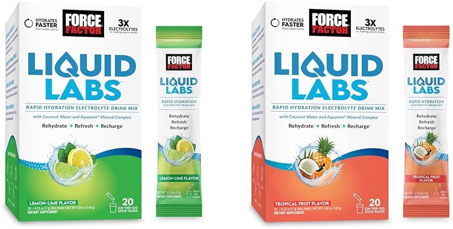 Bundle of FORCE FACTOR Liquid Labs Electrolytes Powder, Hydration Packets per rendere l'acqua elettrolita con vitamine, minerali e antiossidanti. Aroma di limone-lime + aroma di frutta tropicale, 40 confezioni di stick