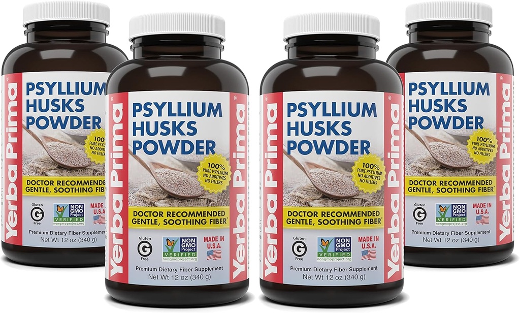 Yerba Prima Psyllium Husks Powder - 12 oz (Pack of 4) - Natural Fiber Supplement - Colon Cleanse - Gut Health - Vegan, Non OGM, Gluten-Free (Nuova etichetta - Packaging May Vary)