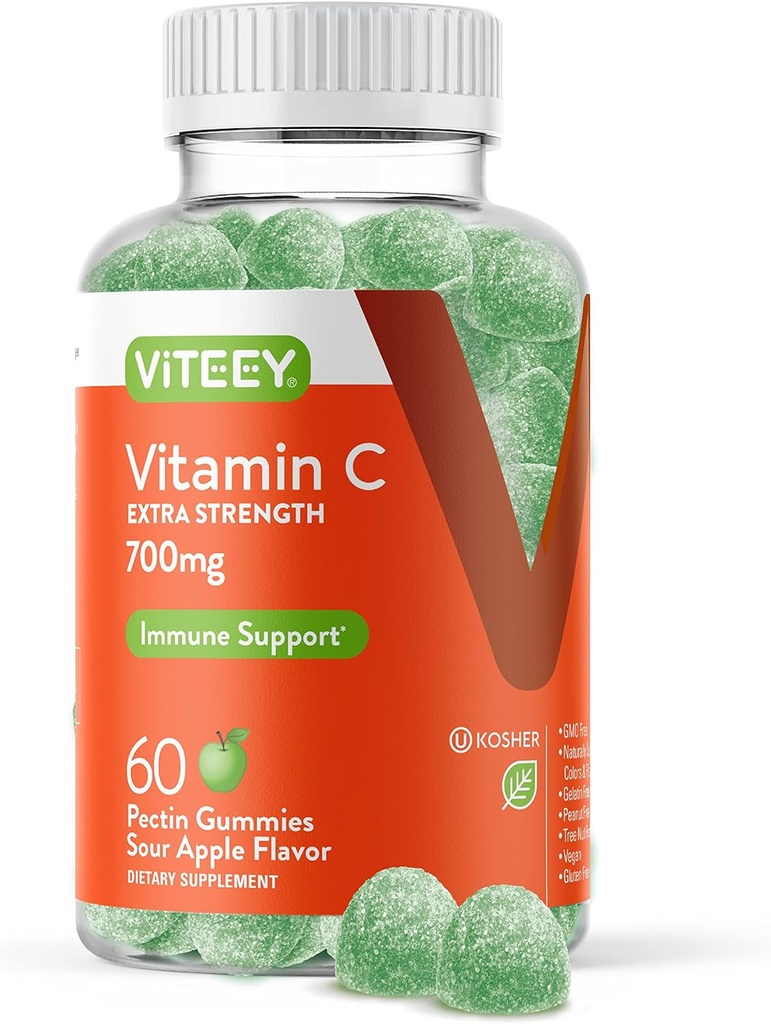 Viteey Chewable Vitamin C Gummies per Adulti - 700mg Extra Strength Immune Support Supplement - Vegan, Gluten Free - 60 Count