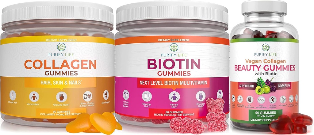 Purificare il collagene marino di vita, Biotina, & Vegan Collagen Bundle, Gummies per la pelle dei capelli e unghie (Bulk - 90 Chews), Vitamina di cura congiunta, Supporto immunitario, Bellezza, Detox & Cleanse, Sostituisci capsule, Pillole
