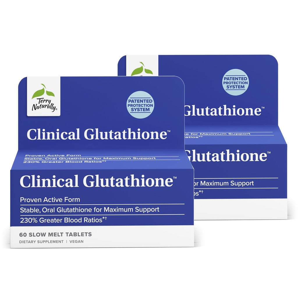 Terry Naturally Clinical Glutathione - Antiossidante per l'assorbimento elevato - Integratore alimentare con L-Glutathione - Integratore vegano per la salute delle cellule - 60 compresse di Melt Slow (Pack of 2)