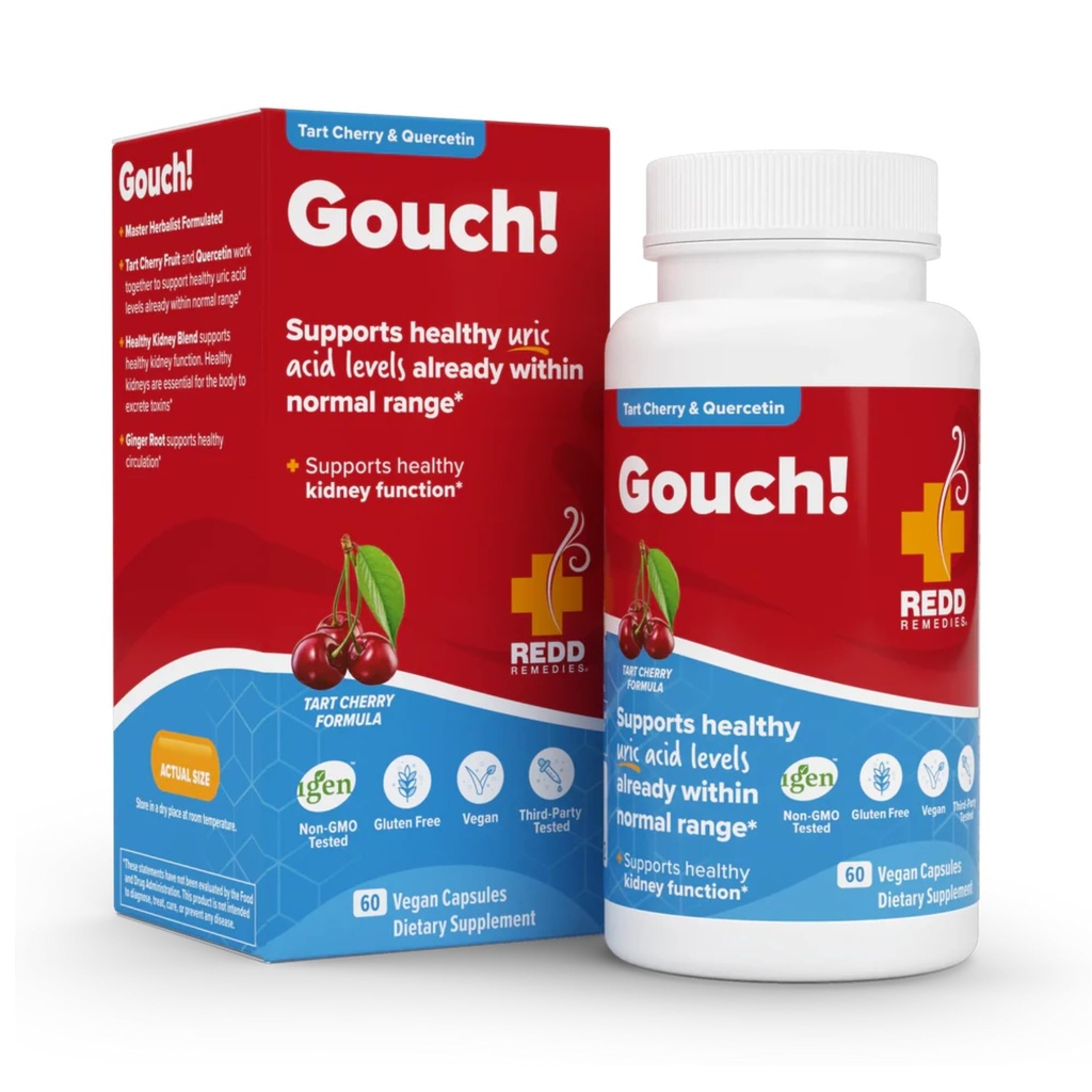 Redd Remedies, Gouch!, Supporto supplemento per articolazioni e livelli di acido urico, Incoraggia una risposta infiammatoria sana, Ciliegia Tart & Quercetin, 60 capsule vegane